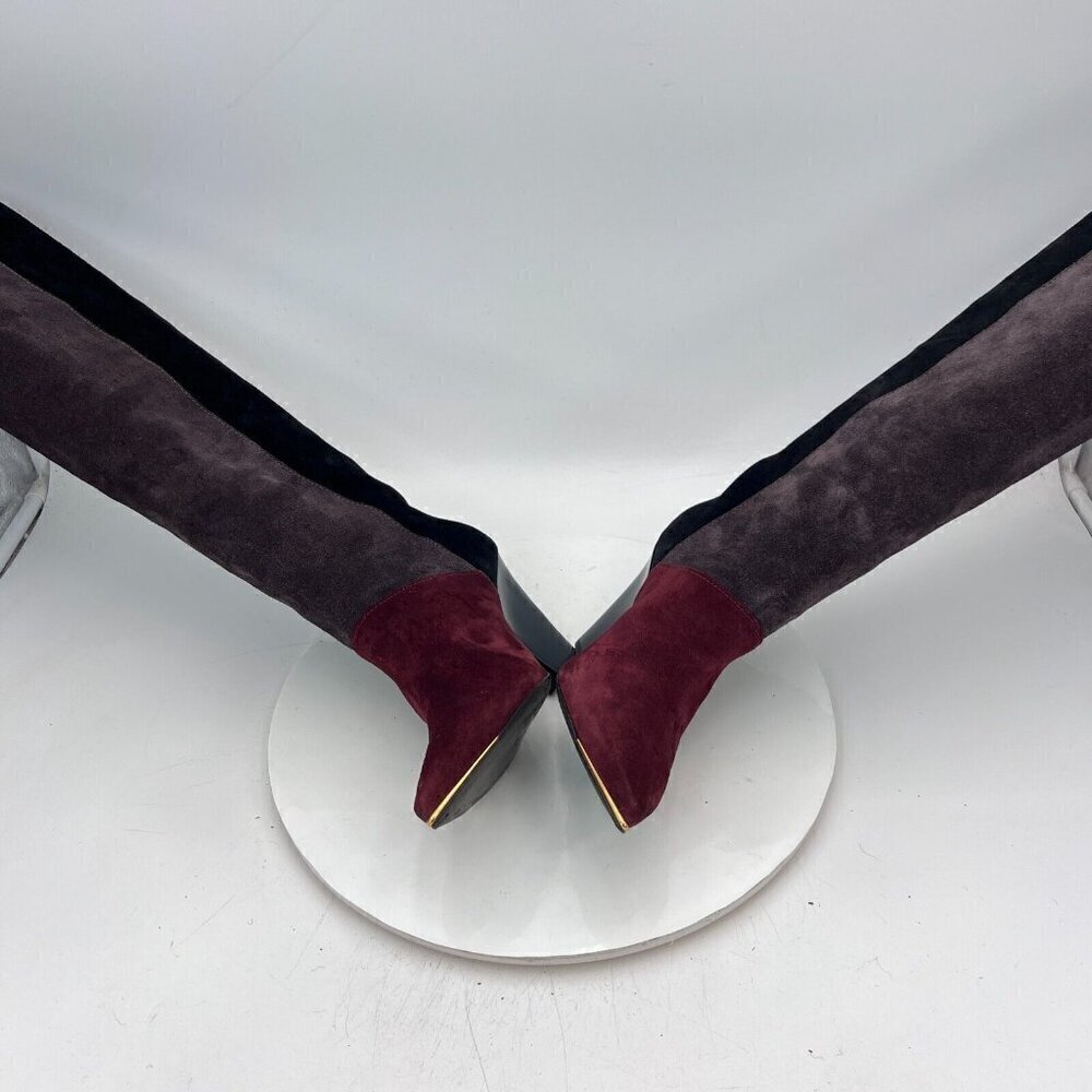 Tory Burch Lila 90mm Women Size 6M Burgundy Grey Black Suede Knee High Boots - Picture 7 of 15